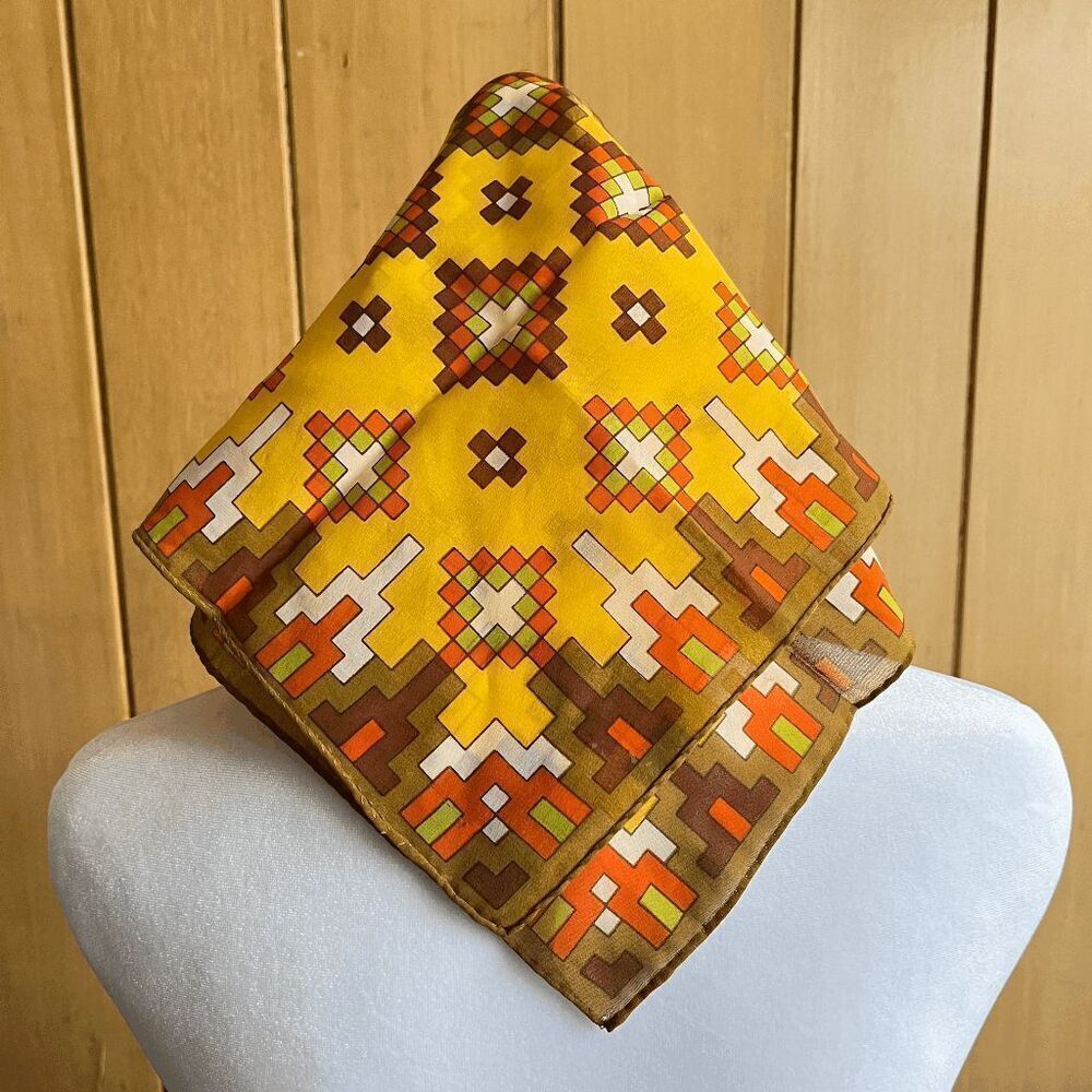 Vintage 70s Nasharr Freres Sheer Geometric Print Scarf, Rolled Edge, 21"